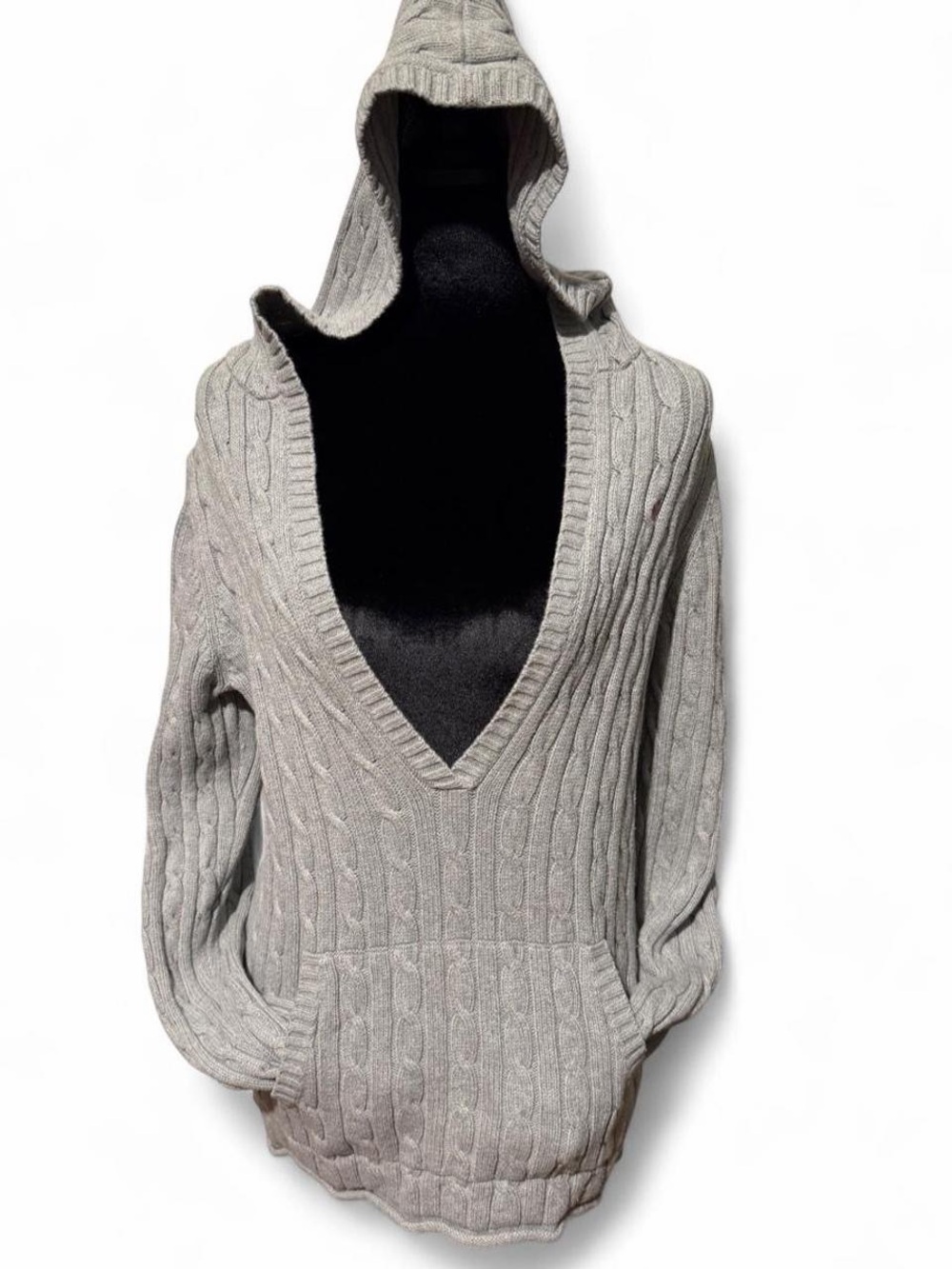 VTG Y2K Pierre New York Grey Cable Knit Deep V-Neck Hoodie Sweater